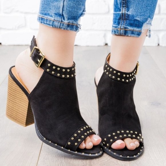 Gold Studded Black Slingback Peep Toe Block Heels - Picture 1 of 9